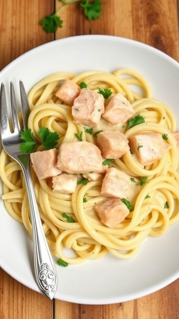 Creamy salmon noodles with fettuccine and parsley on a rustic table.